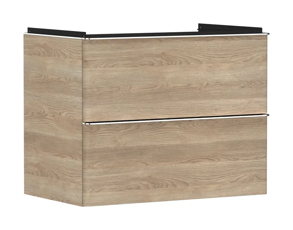 Waschtischunterschrank mit zwei Schubkästen in Holzoptik, hergestellt von Hansgrohe. Der Korpus zeigt eine natürliche Eichenstruktur und hat eine gerade Form.